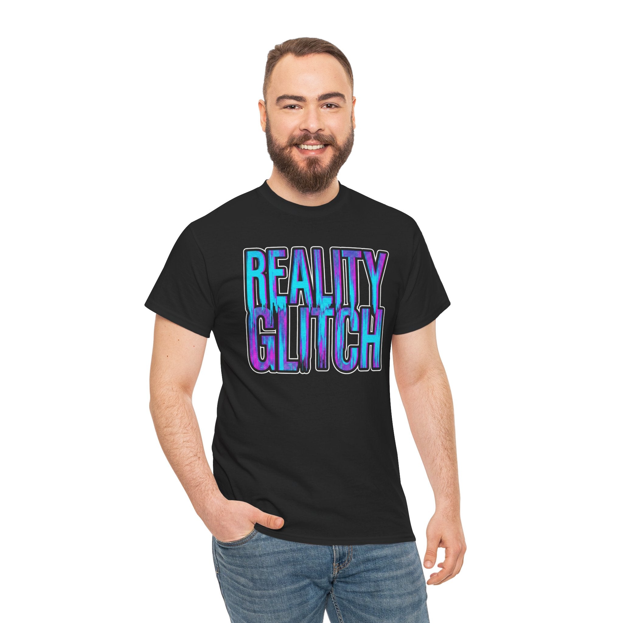 Man wearing a black t-shirt with 'Reality Glitch' text on a white background