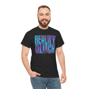 Man wearing a black t-shirt with 'Reality Glitch' text on a white background