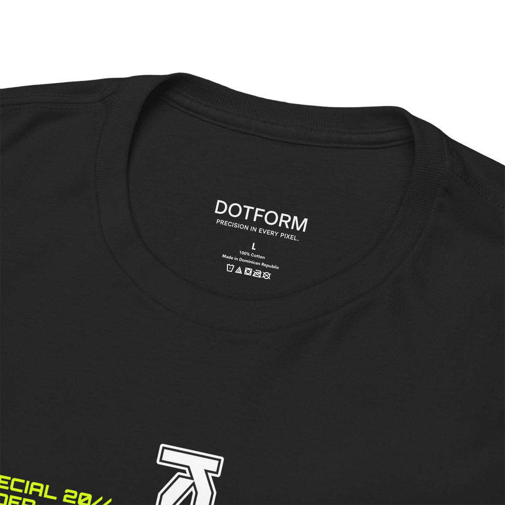 Black t-shirt with 'DOTFORM' branding and logo on a white background