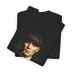 Black t-shirt with a graphic of a man smoking a cigarette on a white background