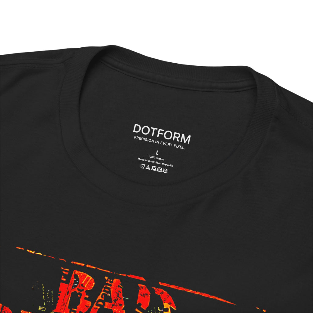 Black t-shirt with red and white graphic design and 'DOTFORM' branding on a white background