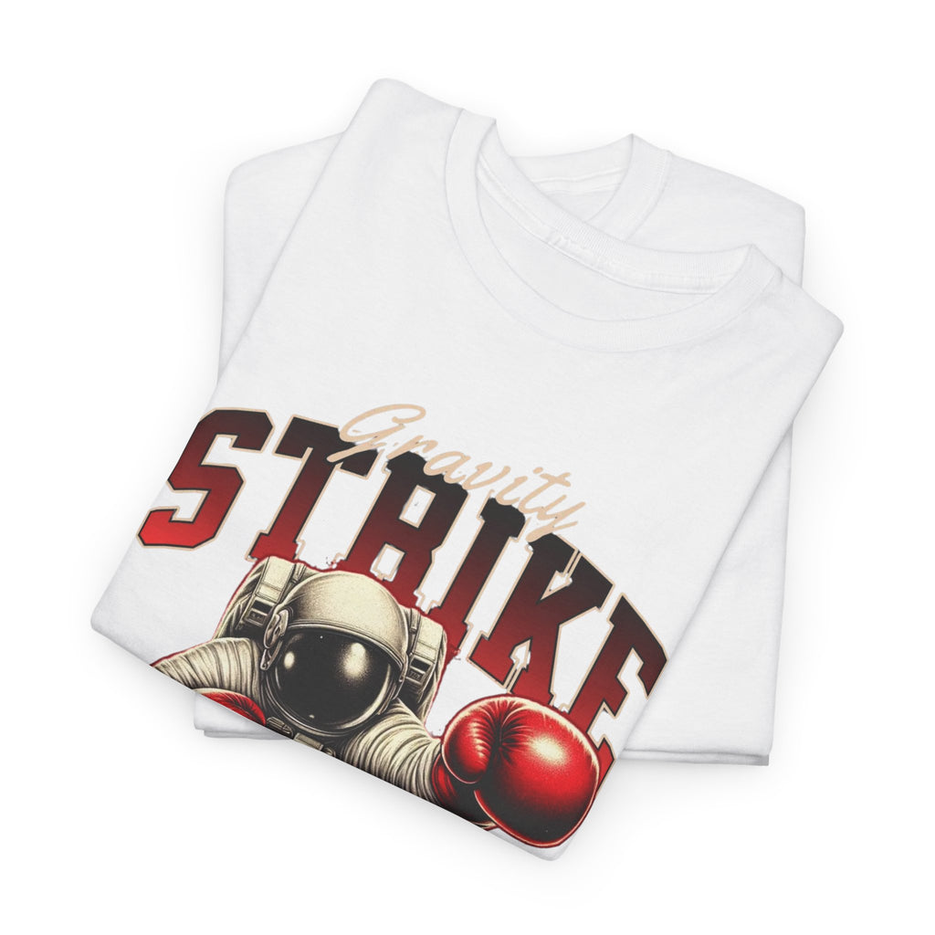 White t-shirt with 'Gravity Strike' graphic design featuring a helmet and boxing gloves on a white background