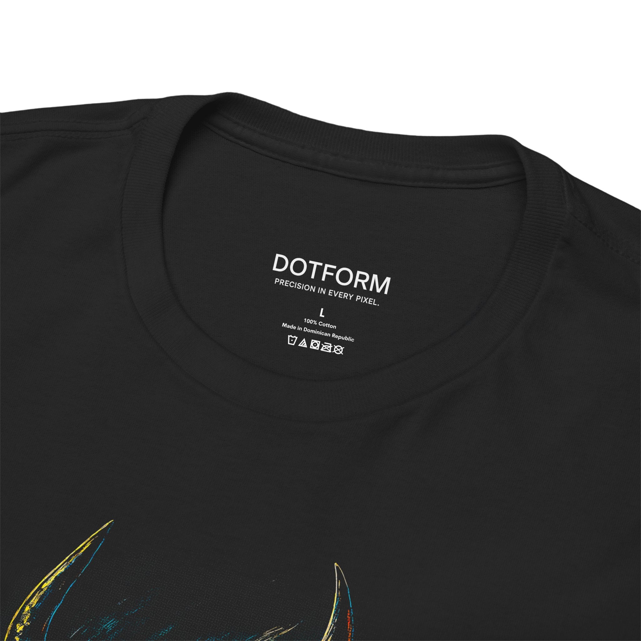 Black t-shirt with 'DOTFORM' branding on the label