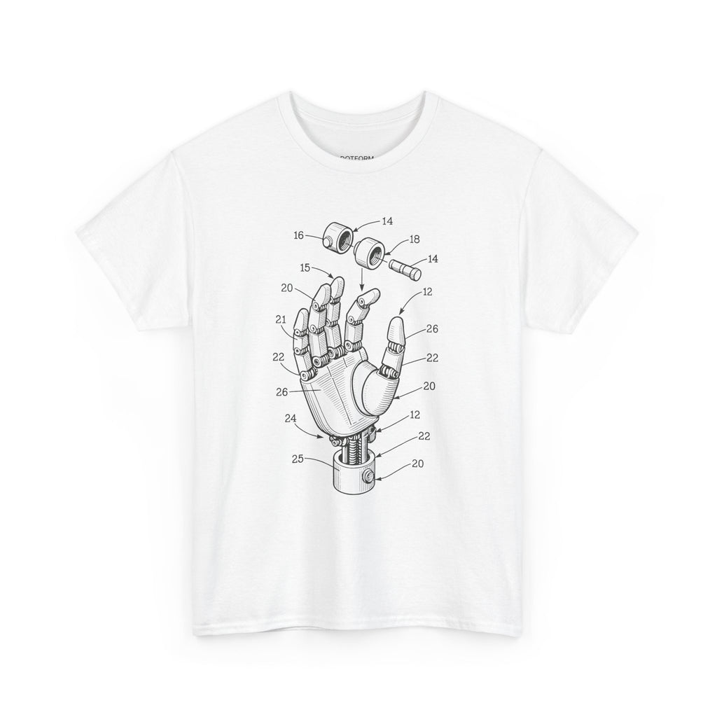 White t-shirt with black technical diagram of a hand on a white background
