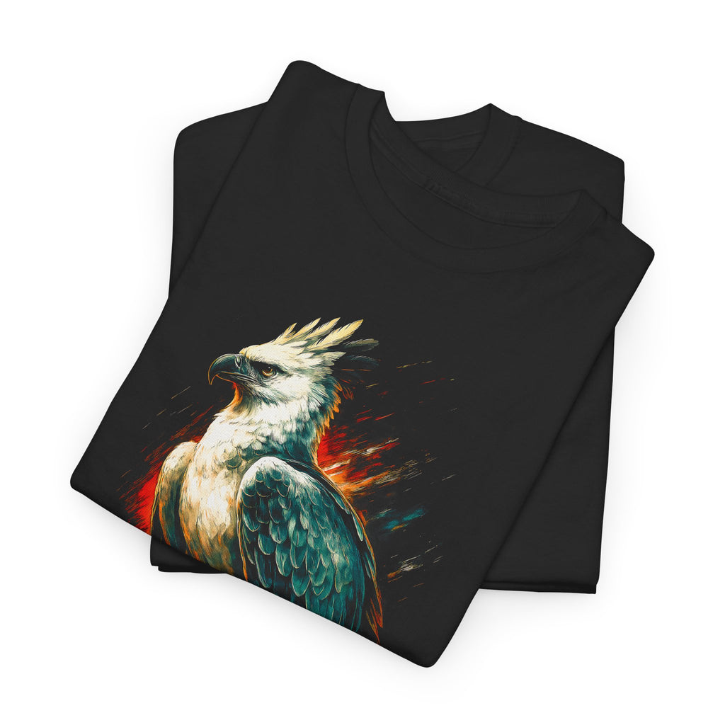 Black t-shirt with a colorful eagle design on a white background