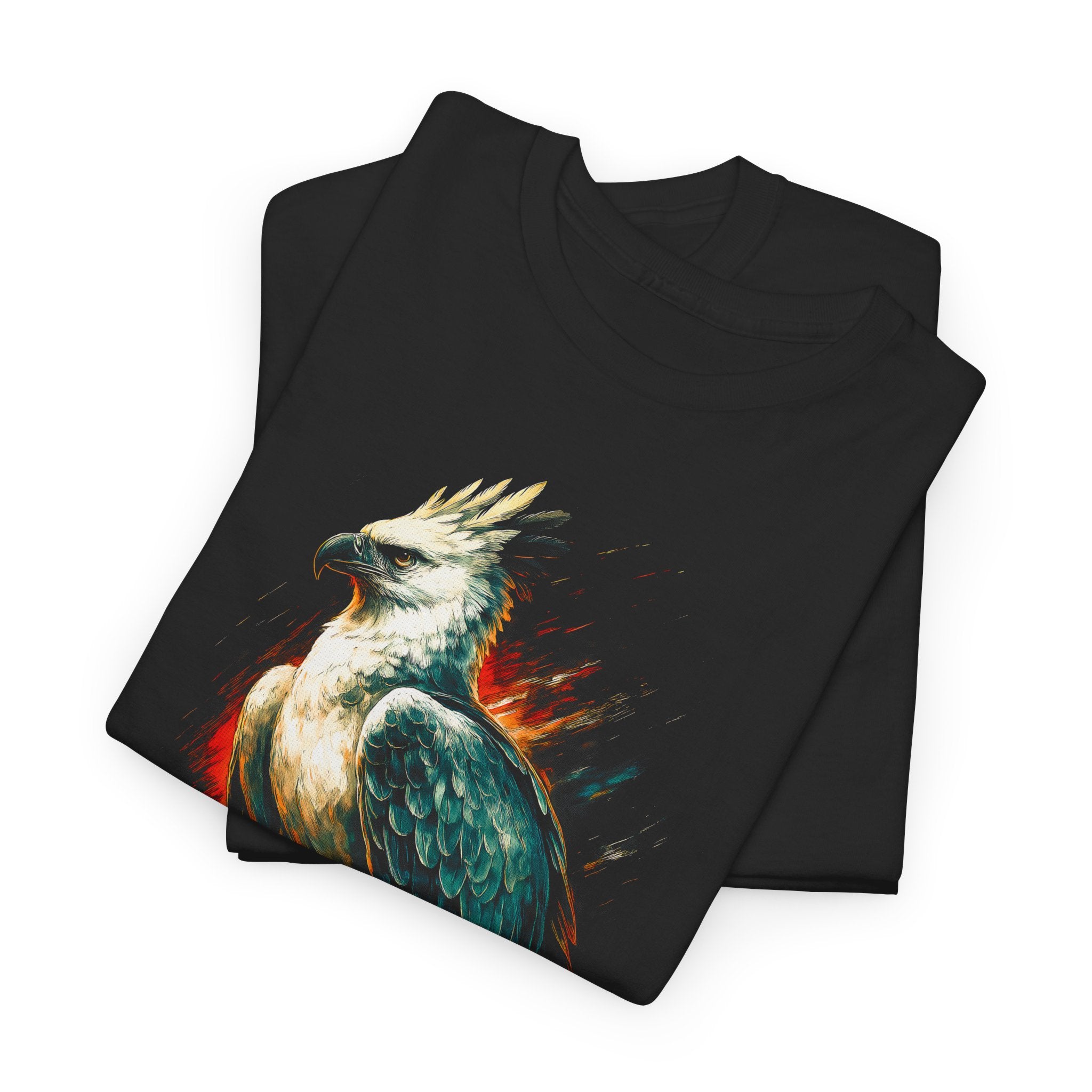 Black t-shirt with a colorful eagle design on a white background
