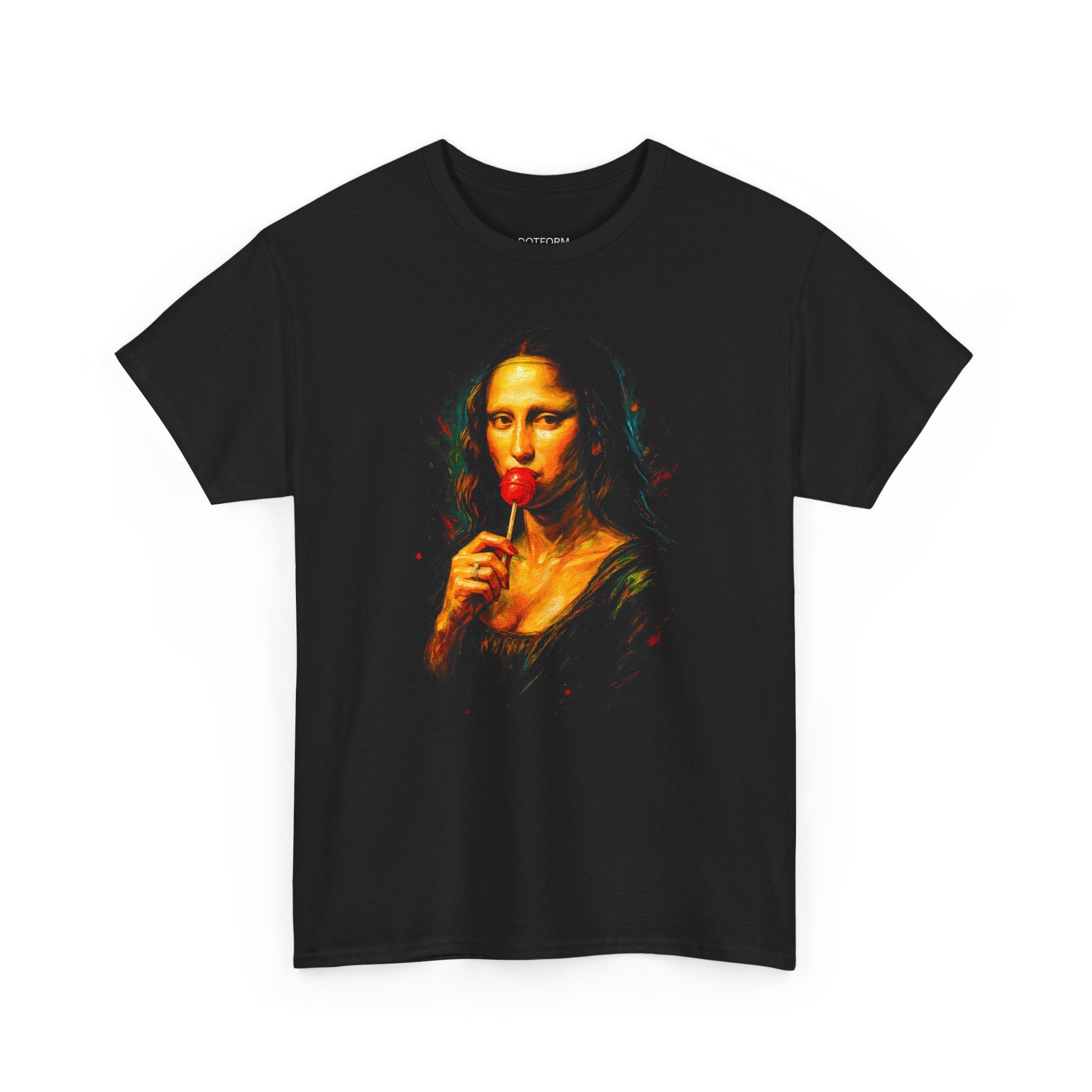 Black t-shirt with a graphic of Mona Lisa holding a lollipop on a white background