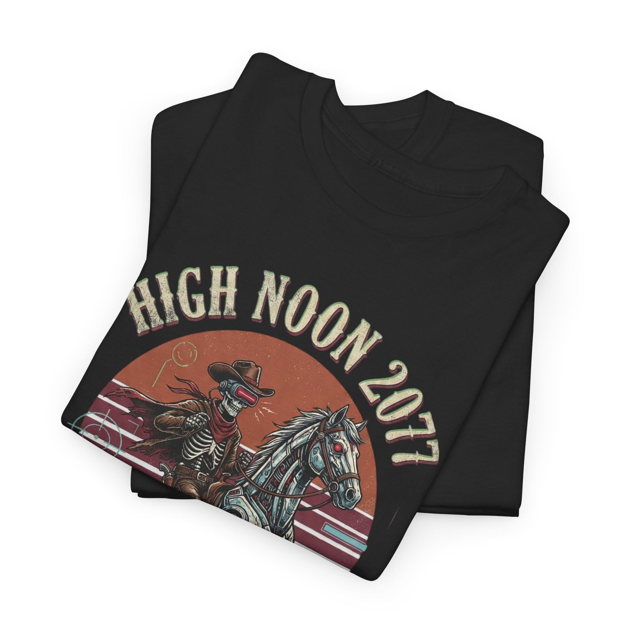 Black t-shirt with 'High Noon 2017' graphic design on a white background