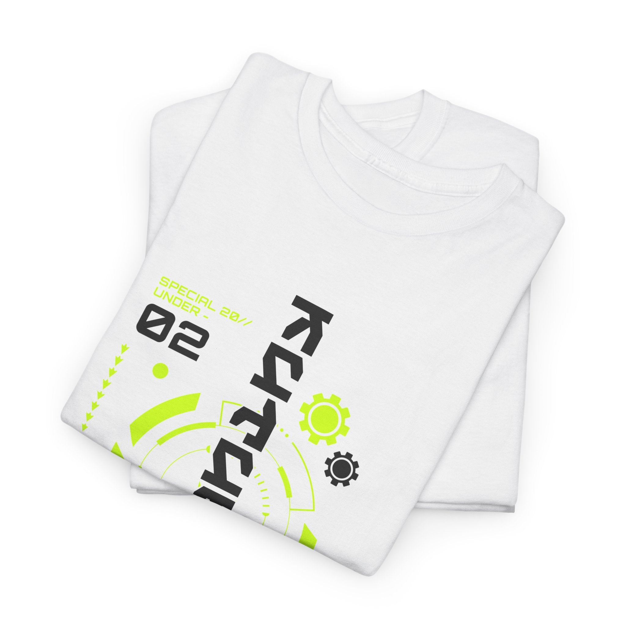 White t-shirt with black and green graphics on a white background