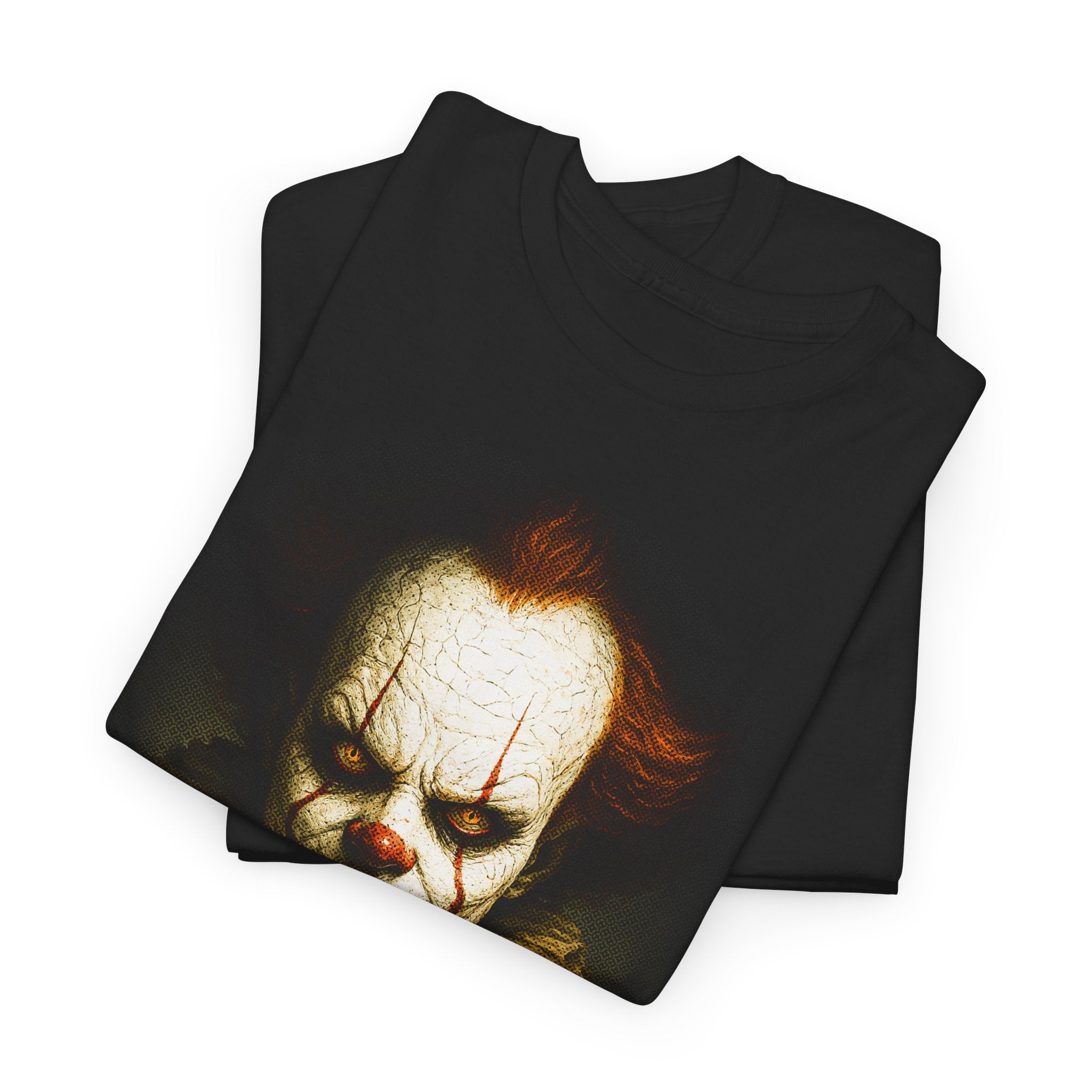 Black t-shirt with a clown graphic on a white background