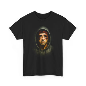 Black t-shirt with a graphic of a hooded figure on a white background