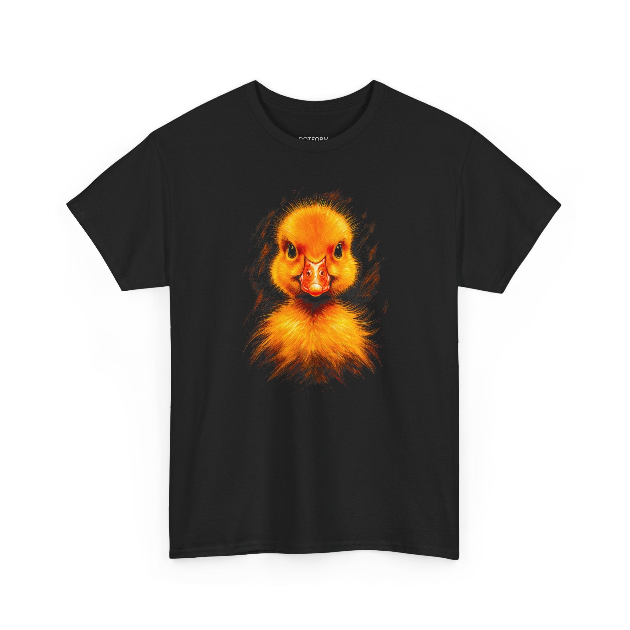 Black t-shirt with a graphic of a duck's face on a white background