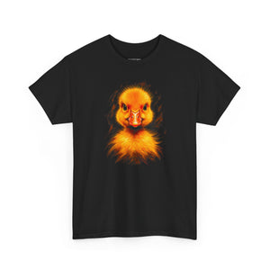 Black t-shirt with a graphic of a duck's face on a white background