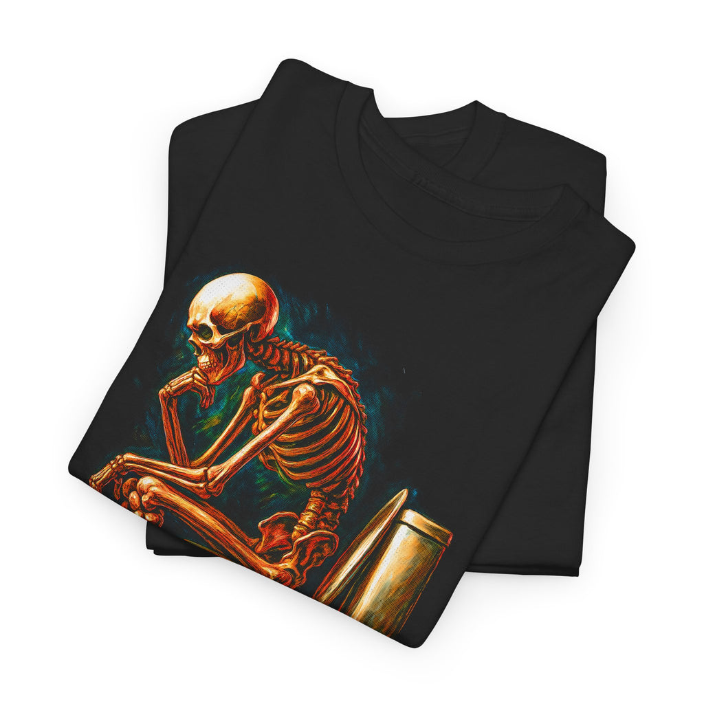 Black t-shirt with a colorful skeleton design on a white background