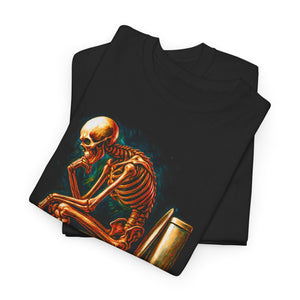 Black t-shirt with a colorful skeleton design on a white background