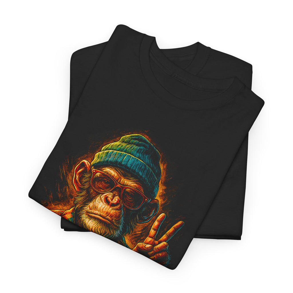 Black t-shirt with a colorful monkey graphic design on a white background