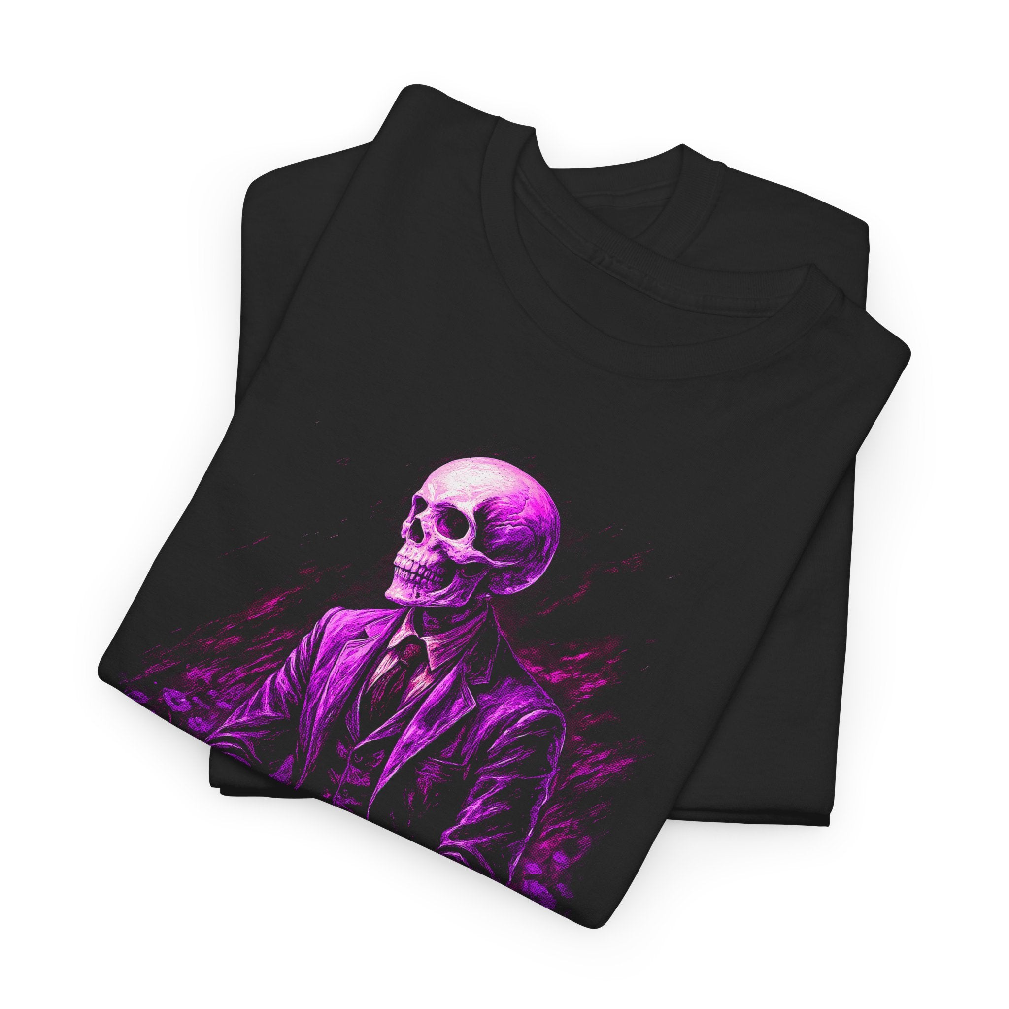Black t-shirt with a purple skeleton design on a white background