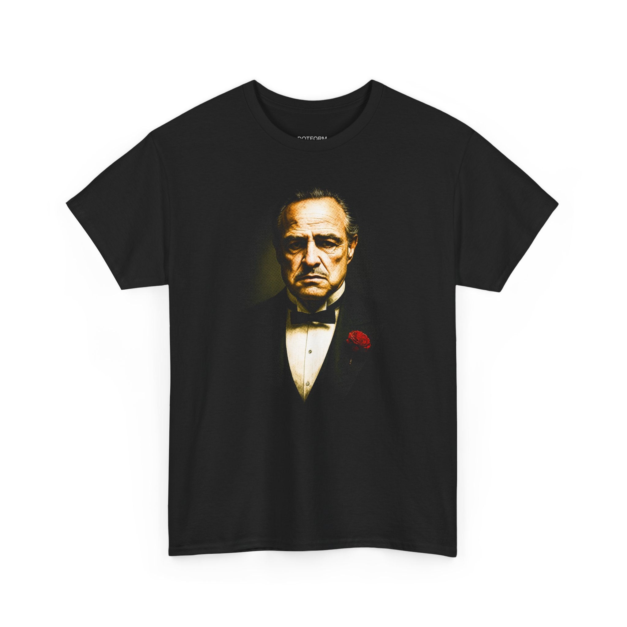 Black t-shirt with a graphic of a well-known character in a formal suit on a white background