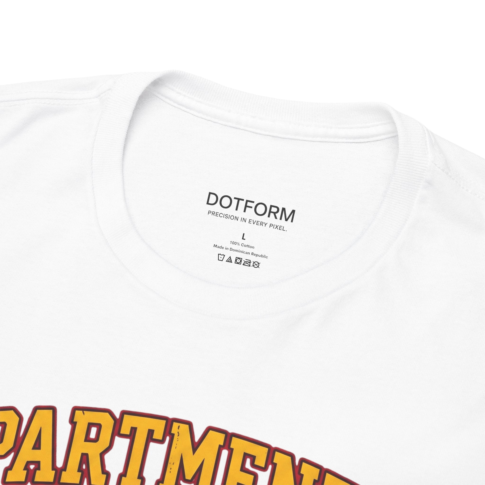 White t-shirt with 'DOTFORM' branding and text on a white background