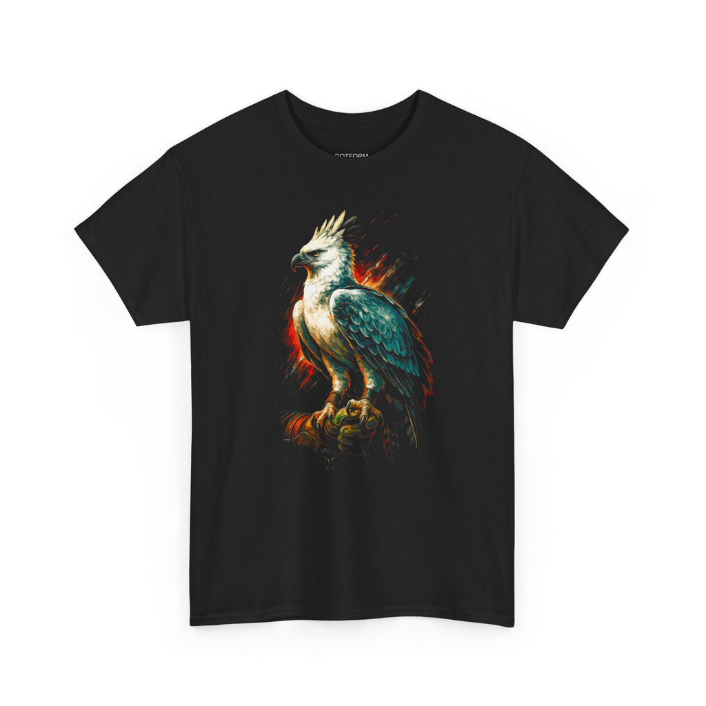 Black t-shirt with a colorful eagle design on a white background