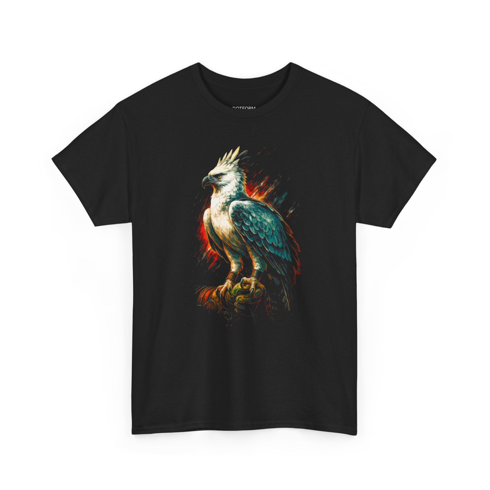 Black t-shirt with a colorful eagle design on a white background