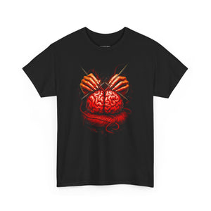 Black t-shirt with a graphic design of hands holding a brain on a white background