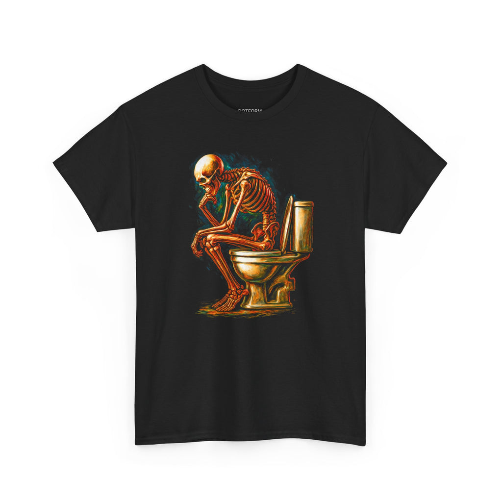 Black t-shirt with a skeleton sitting on a toilet graphic design.