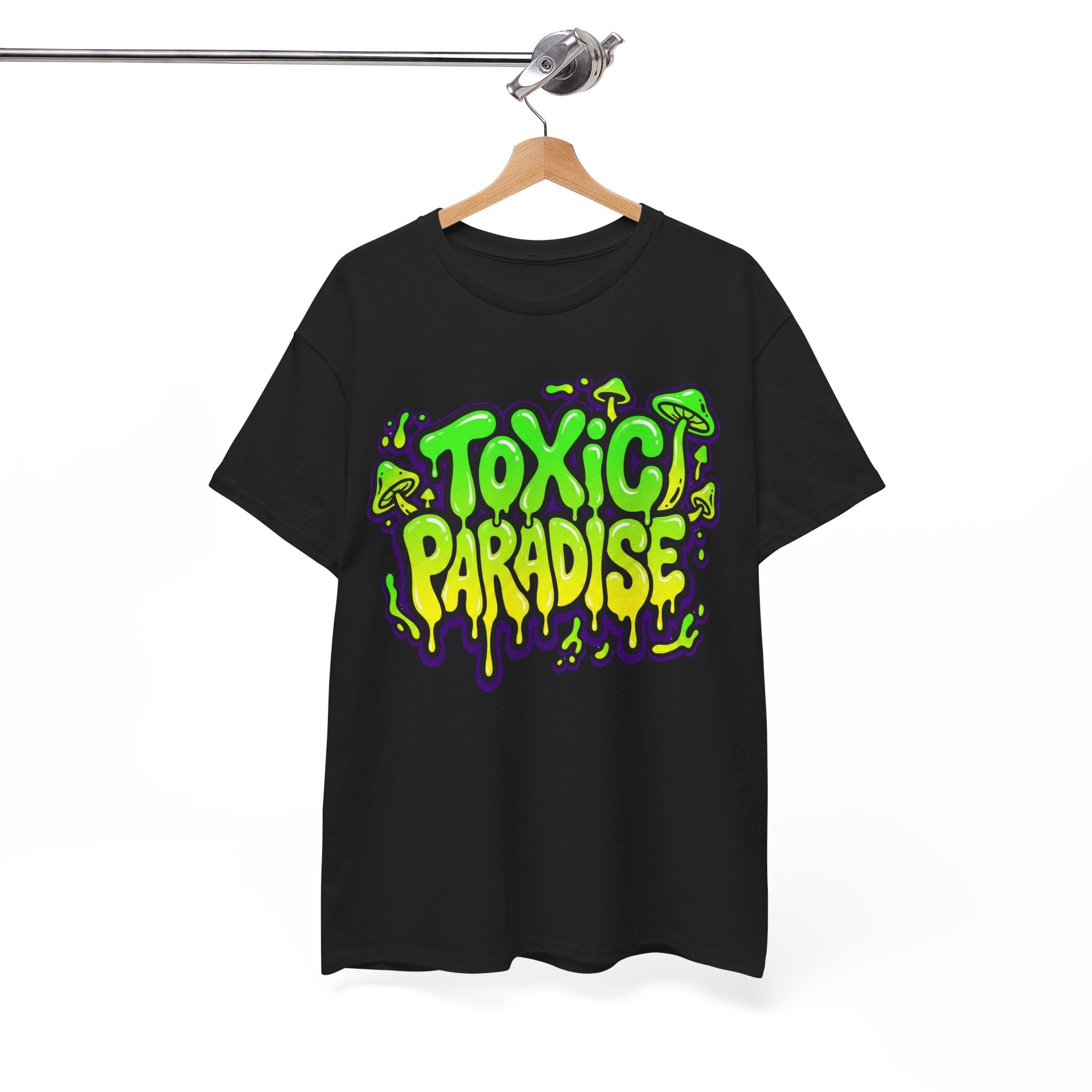 Black t-shirt with 'Toxic Paradise' graphic on a hanger against a white background