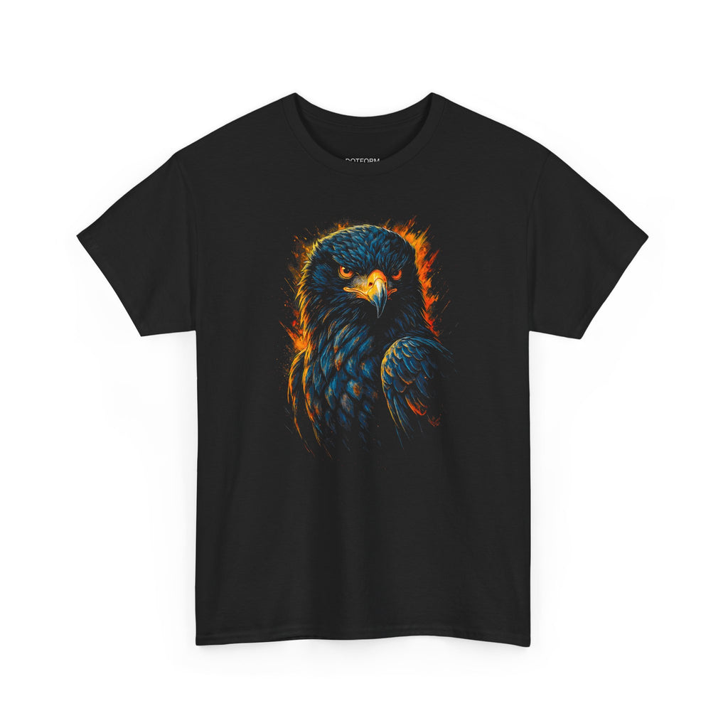 Black t-shirt with a colorful eagle design on a white background