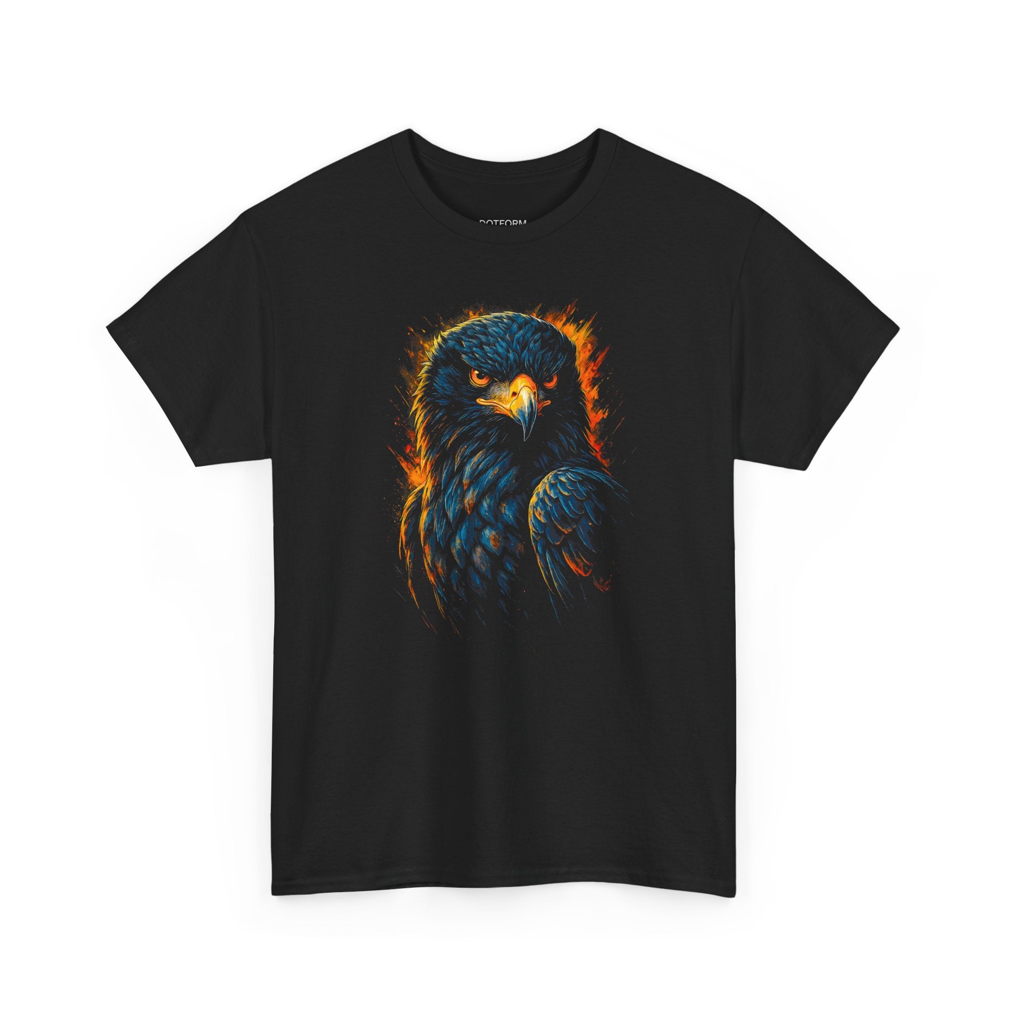 Black t-shirt with a colorful eagle design on a white background