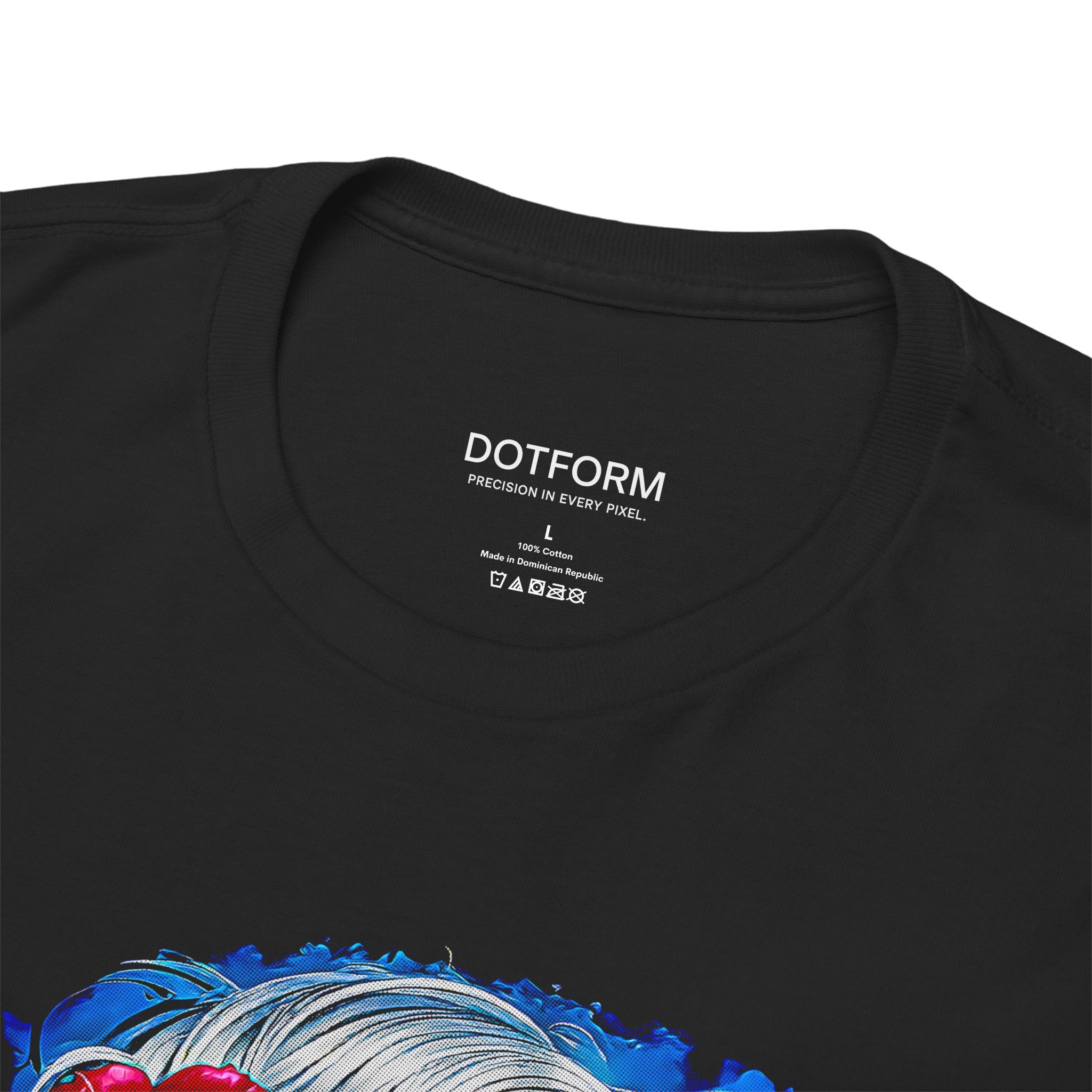 Black t-shirt with colorful design and 'DOTFORM' branding on a white background