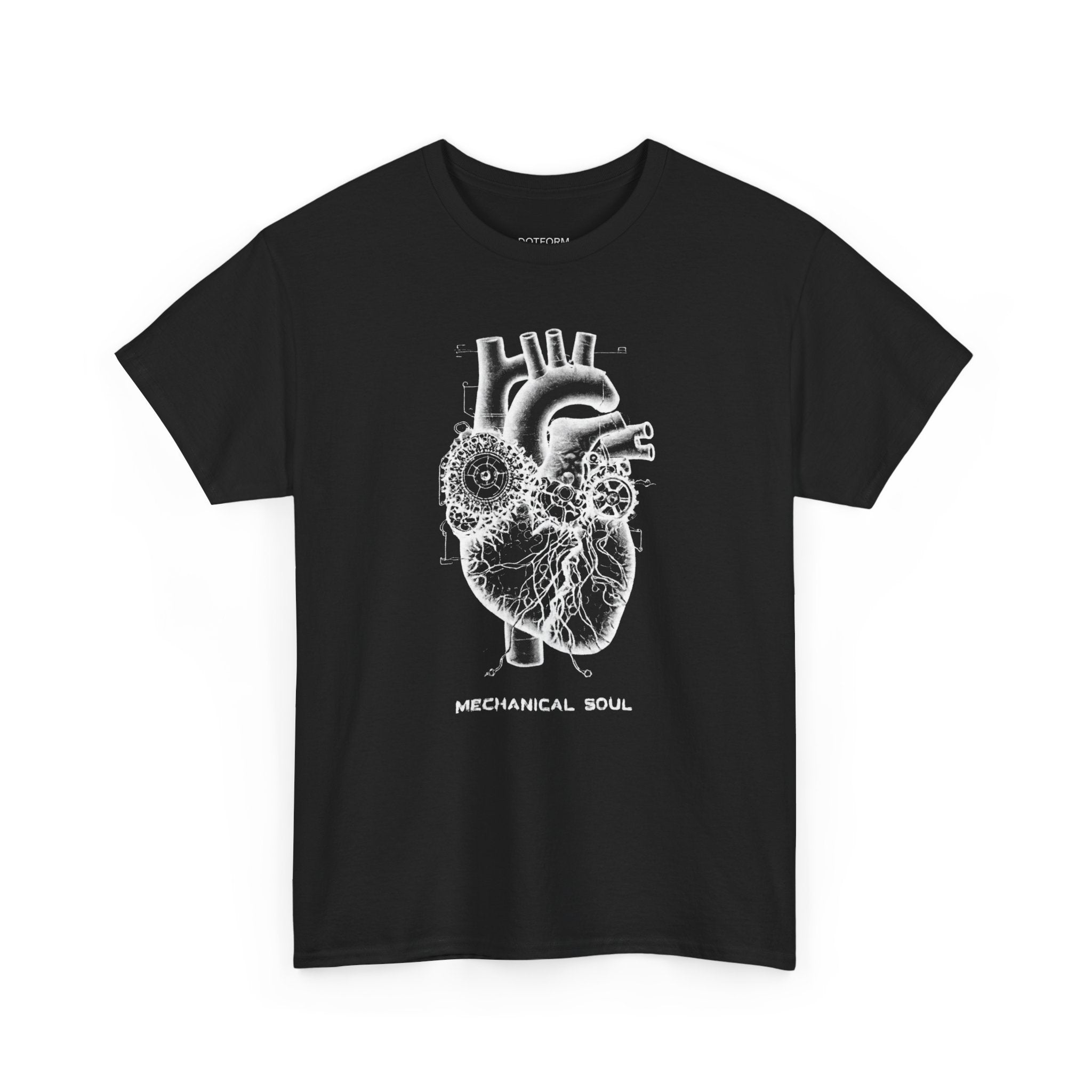 Black streetwear t-shirt with white mechanical heart and gear graphic design, text reads Mechanical Soul, industrial grunge style by DOTFORM.