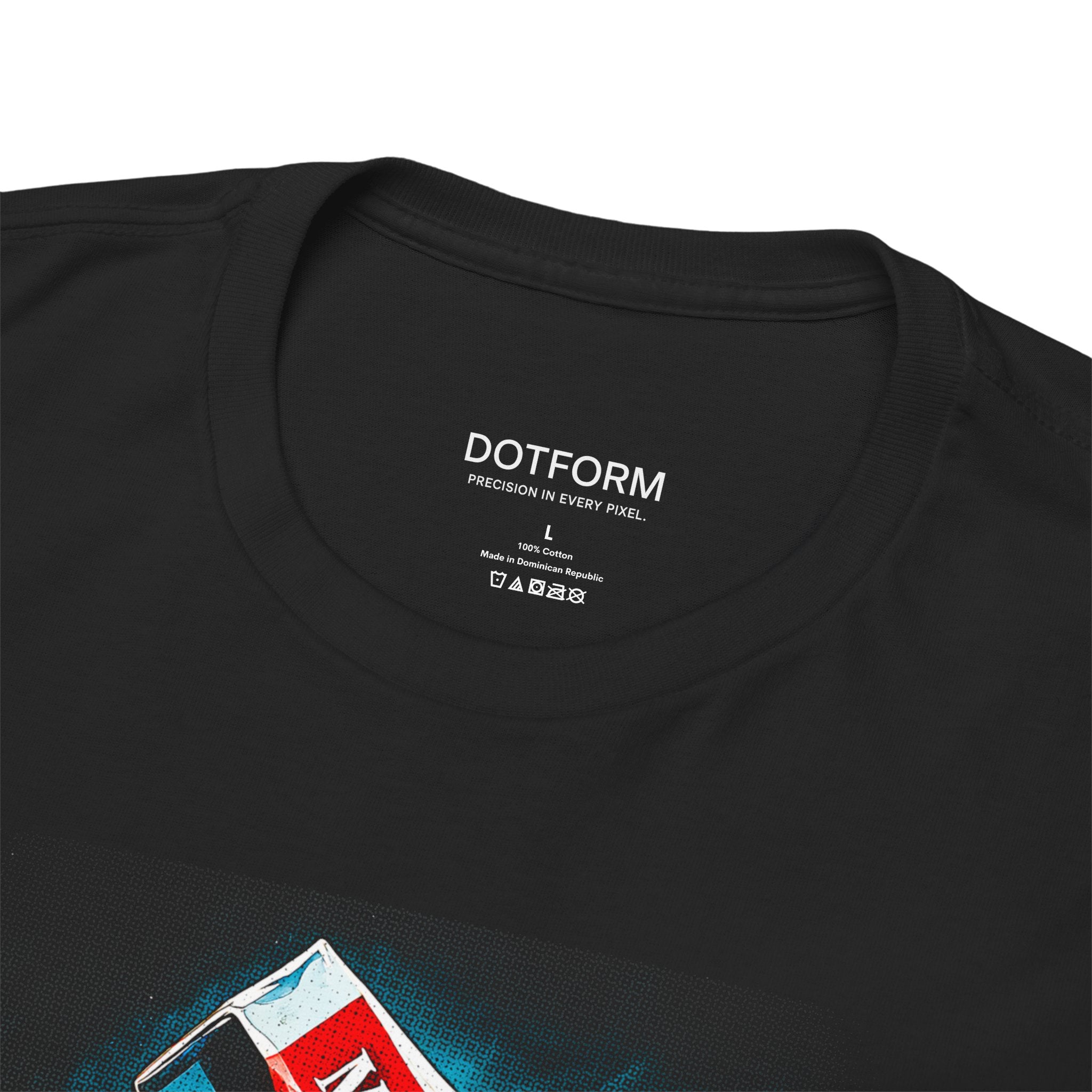 Black t-shirt with a graphic design and 'DOTFORM' branding on the collar.