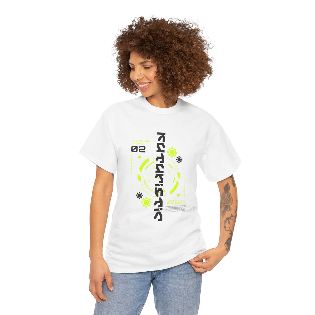 Woman wearing a white t-shirt with a graphic design on a white background