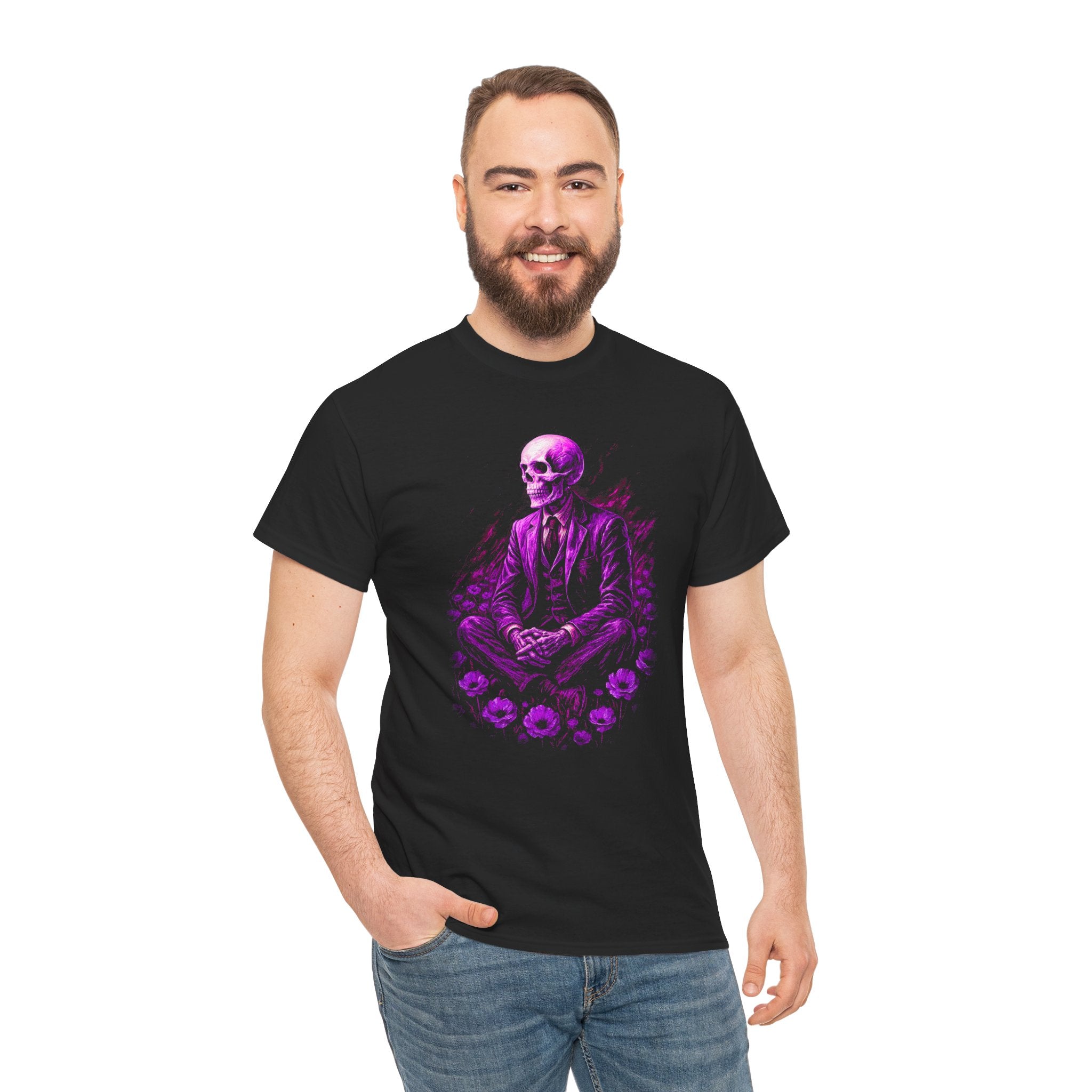 Man wearing a black t-shirt with a purple skeleton design on a white background