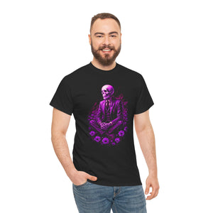 Man wearing a black t-shirt with a purple skeleton design on a white background