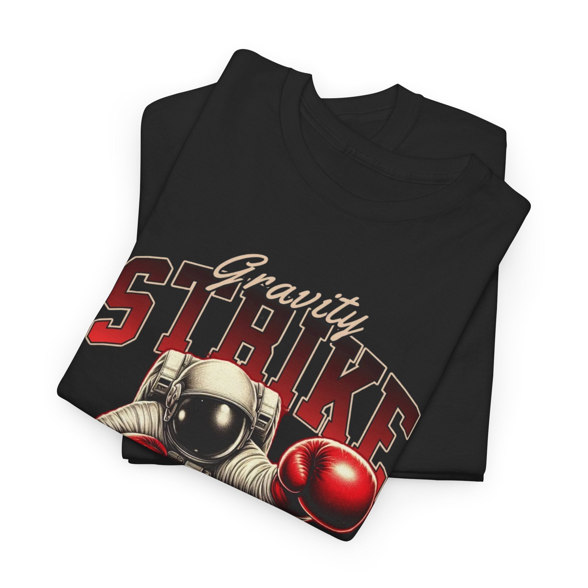 Black t-shirt with 'Gravity Strike' design featuring a helmet and boxing gloves on a white background