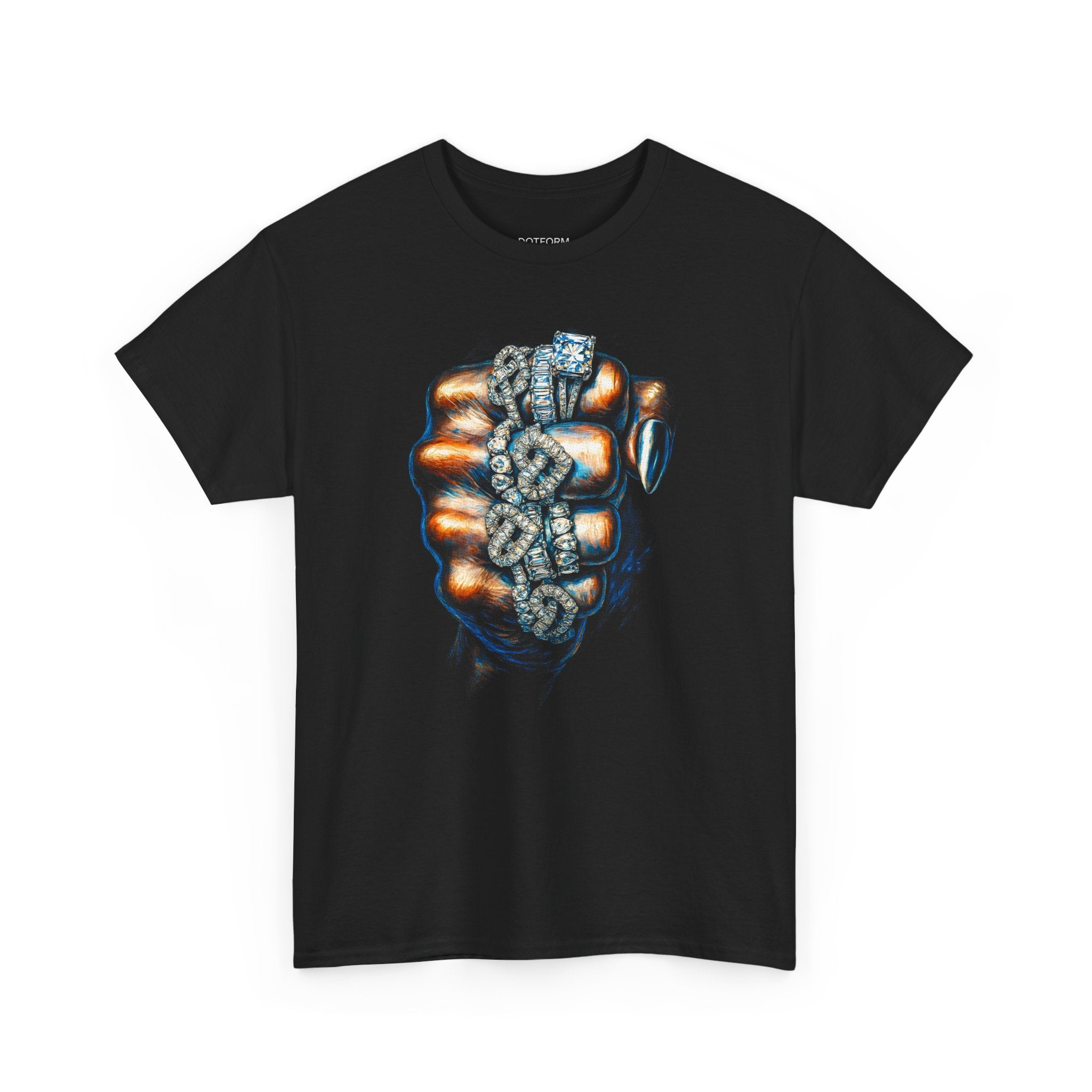 Black t-shirt with a graphic design of a grenade on a white background