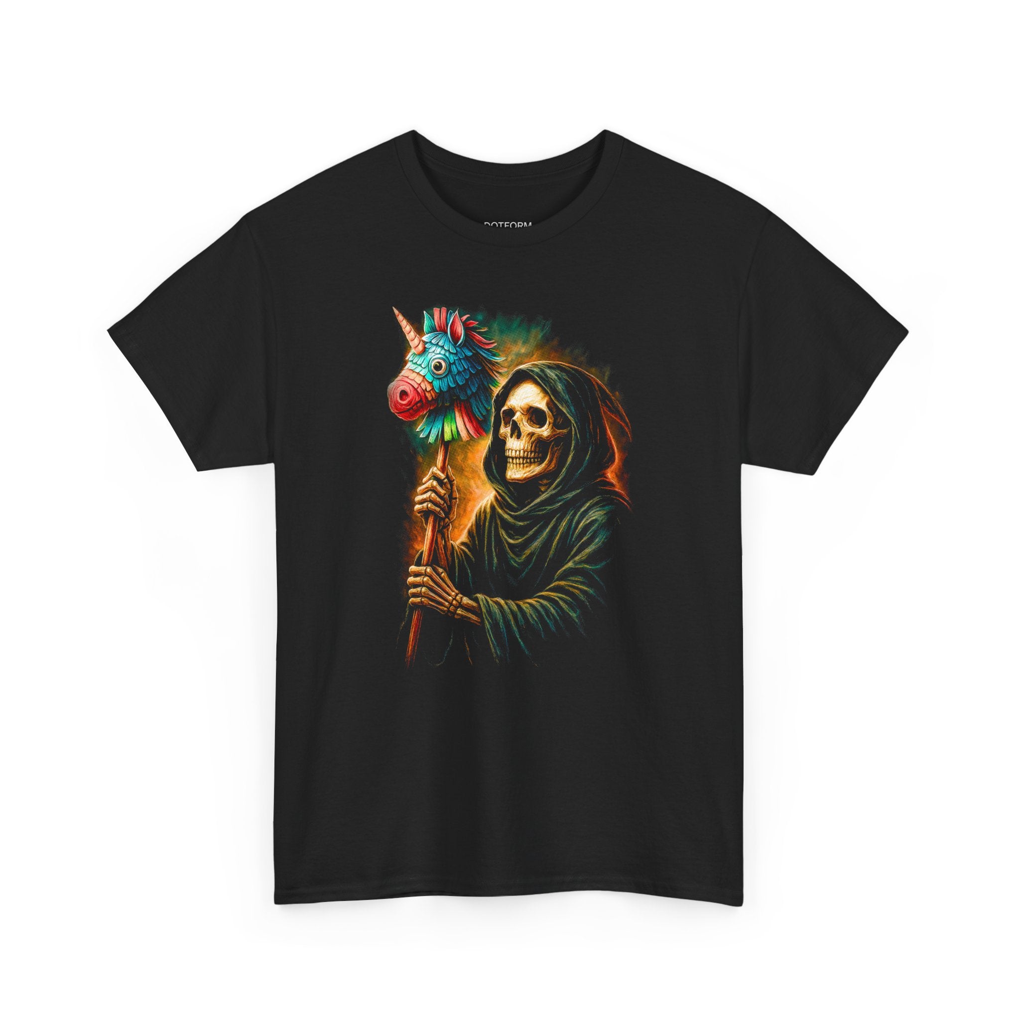 Black t-shirt with a colorful graphic of a skeleton holding a unicorn and a flower on a white background