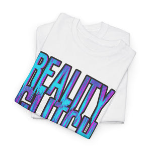 Stack of folded white t-shirts with 'REALLY' printed in colorful letters on a white background