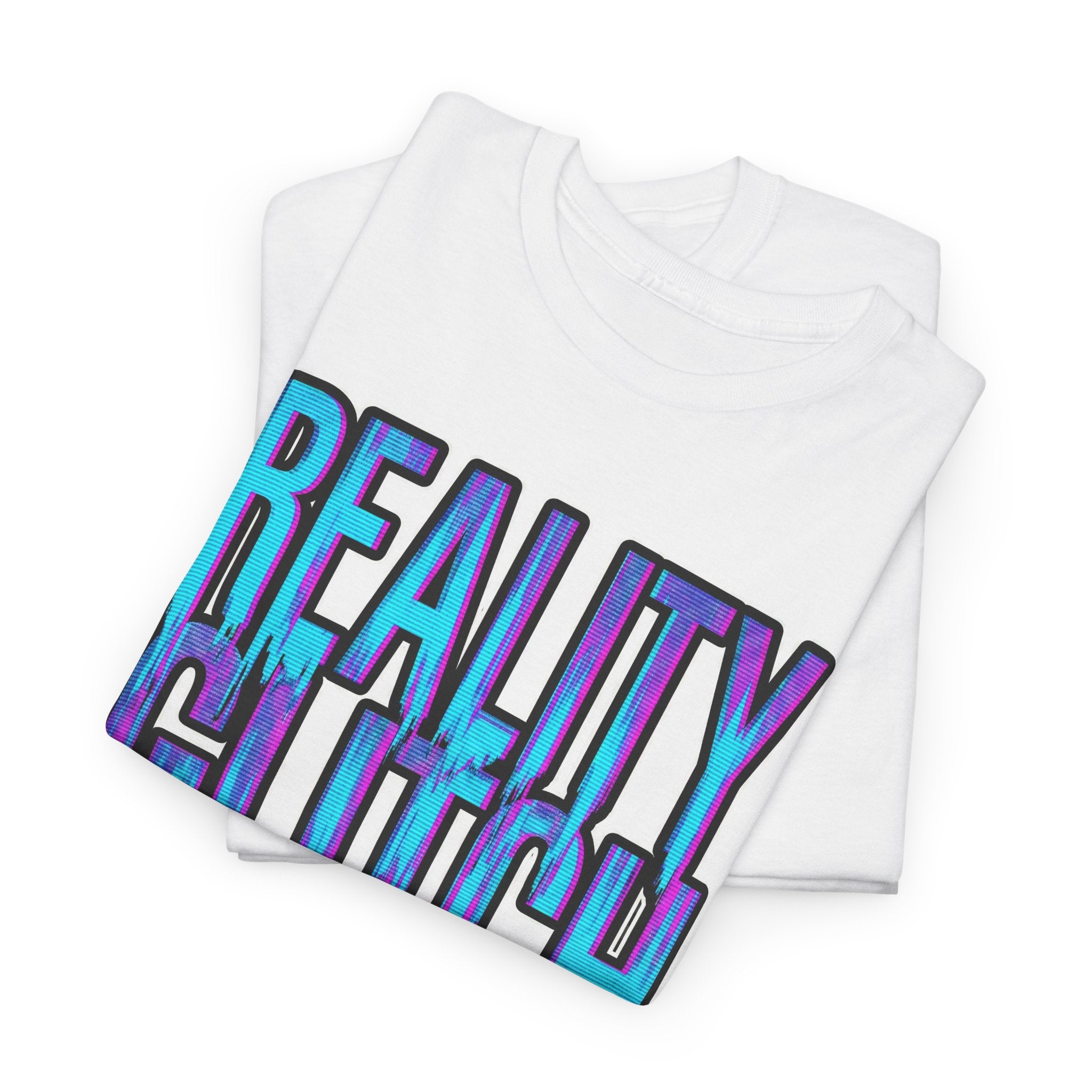 Stack of folded white t-shirts with 'REALLY' printed in colorful letters on a white background