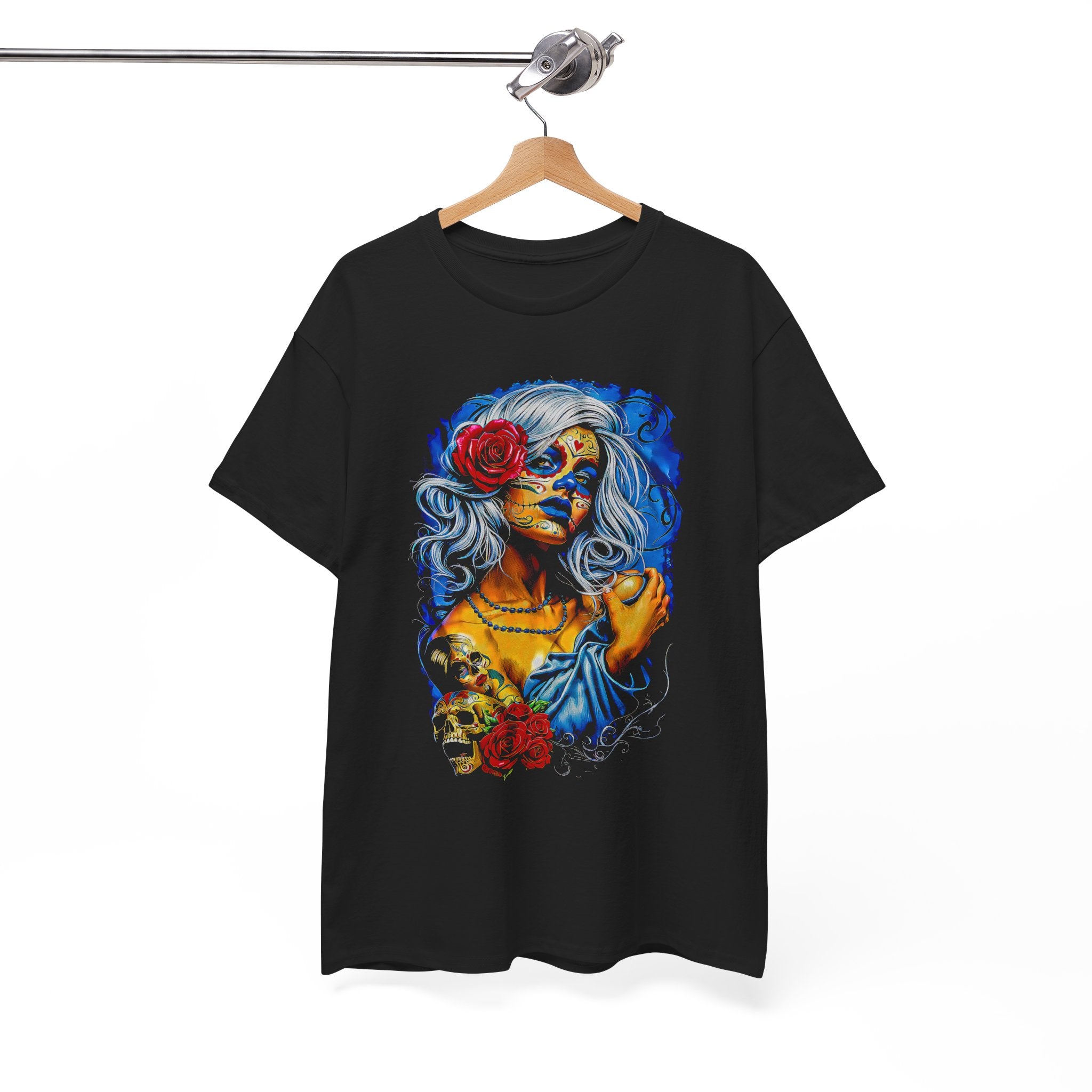 Black t-shirt with a colorful graphic design of a woman with skull makeup and flowers on a hanger against a white background.