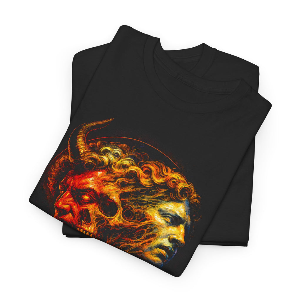 Black t-shirt with a fiery dragon design on a white background