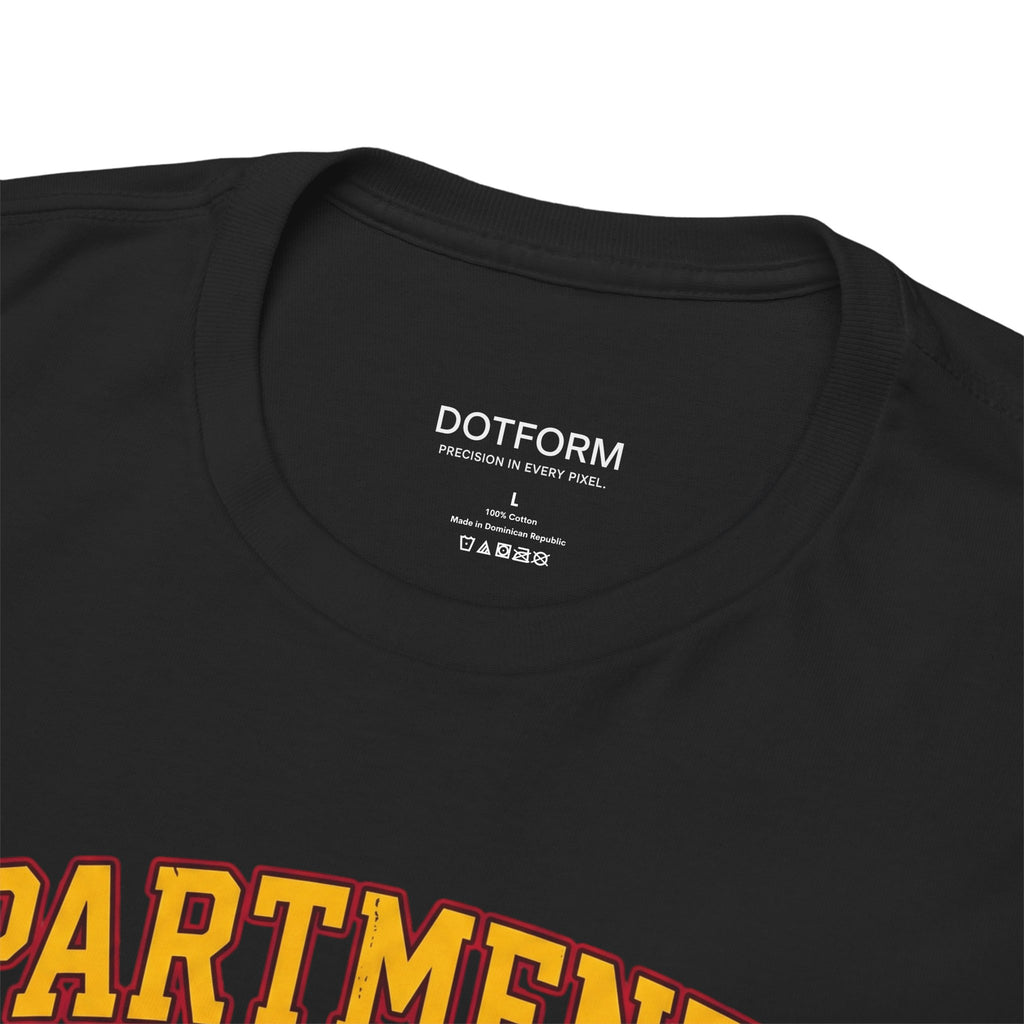 Black t-shirt with 'DOTFORM' branding on the collar and 'APARTMENT' text at the bottom.