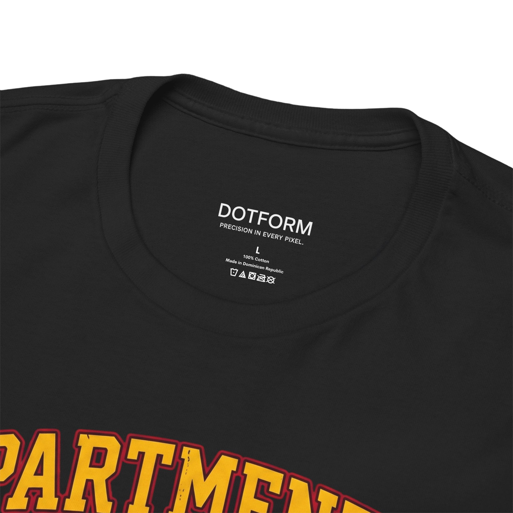 Black t-shirt with 'DOTFORM' branding on the collar and 'APARTMENT' text at the bottom.