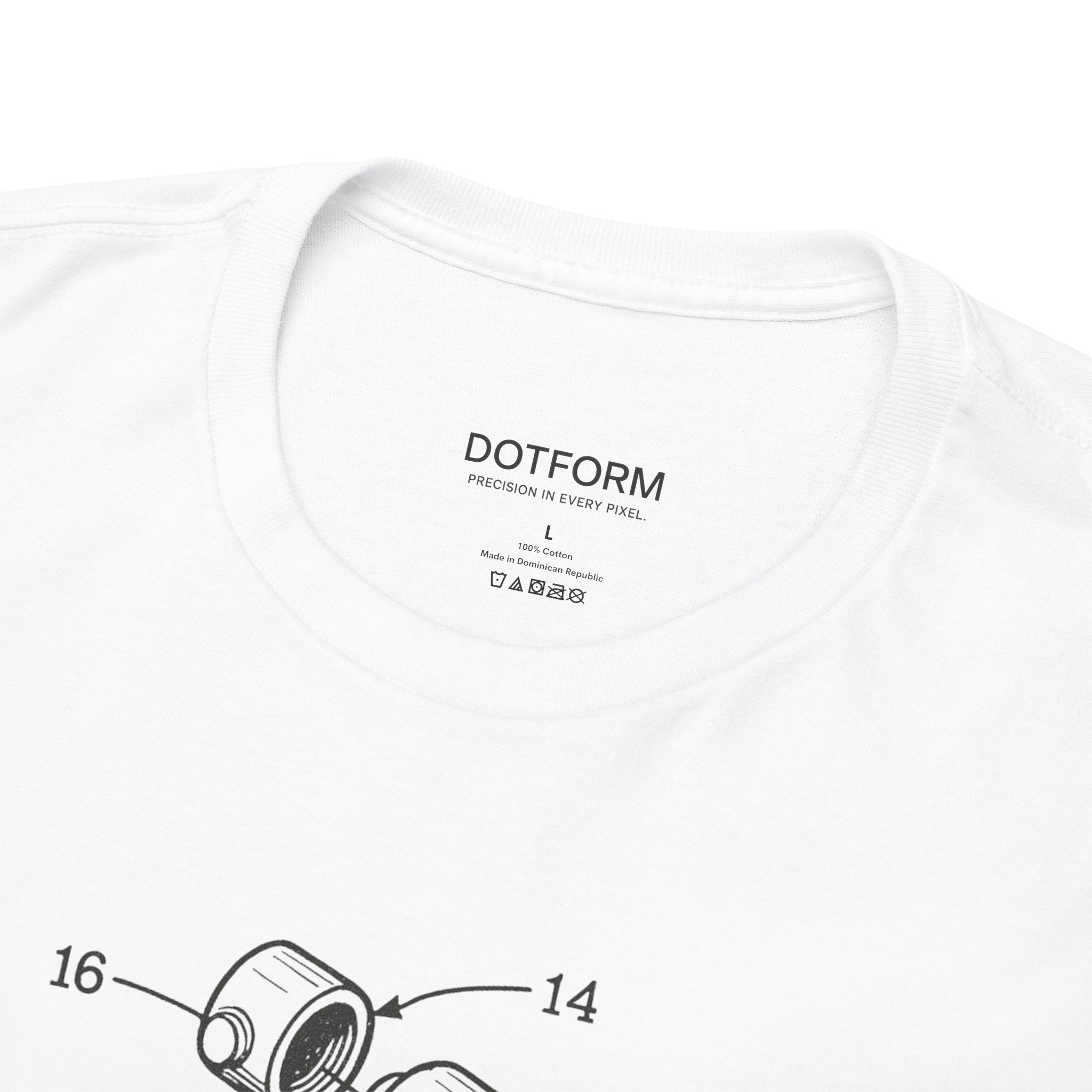 White t-shirt with black text and graphics on a white background