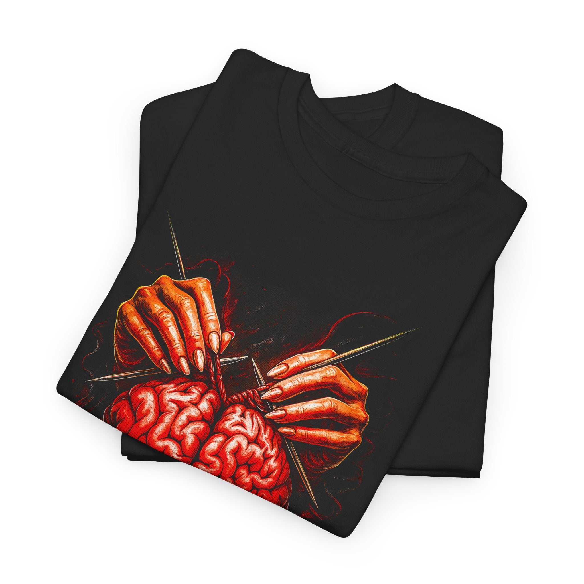Black t-shirt with a graphic design of hands holding knives and a brain on a white background