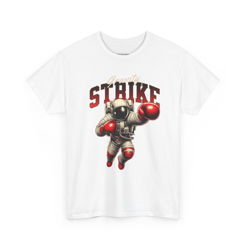 White t-shirt with an astronaut graphic and 'Gravity Strike' text on a white background