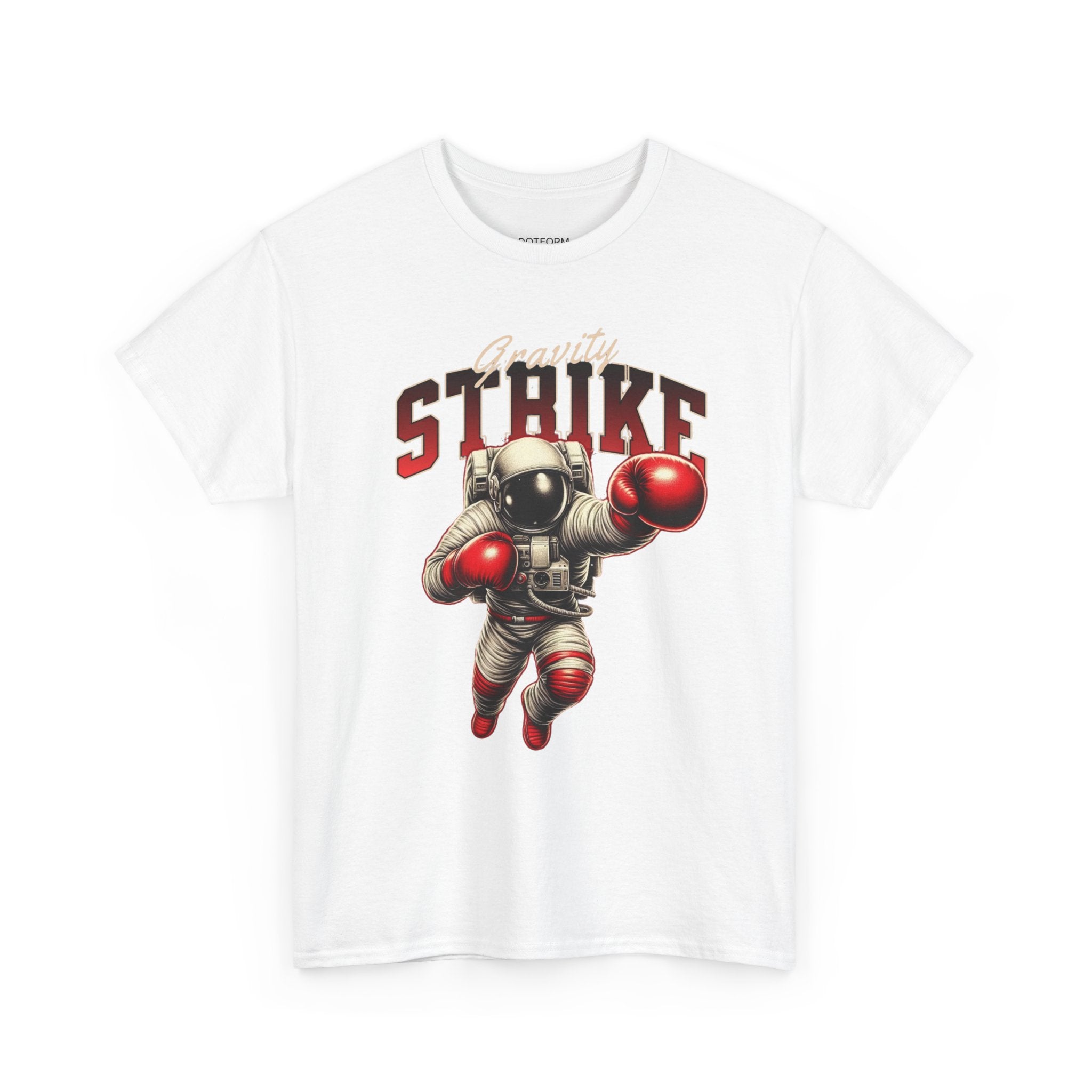 White t-shirt with an astronaut graphic and 'Gravity Strike' text on a white background