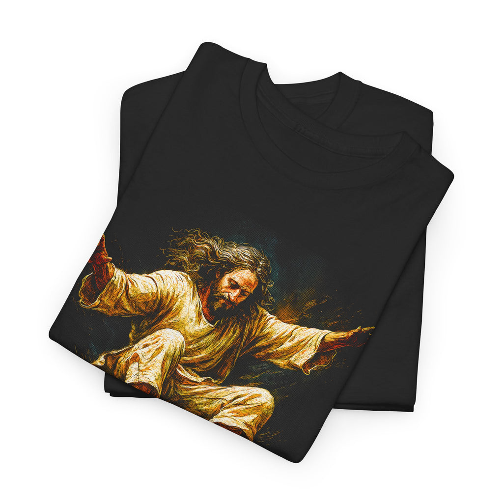 Black t-shirt with artistic depiction of a figure in a dynamic pose on a white background